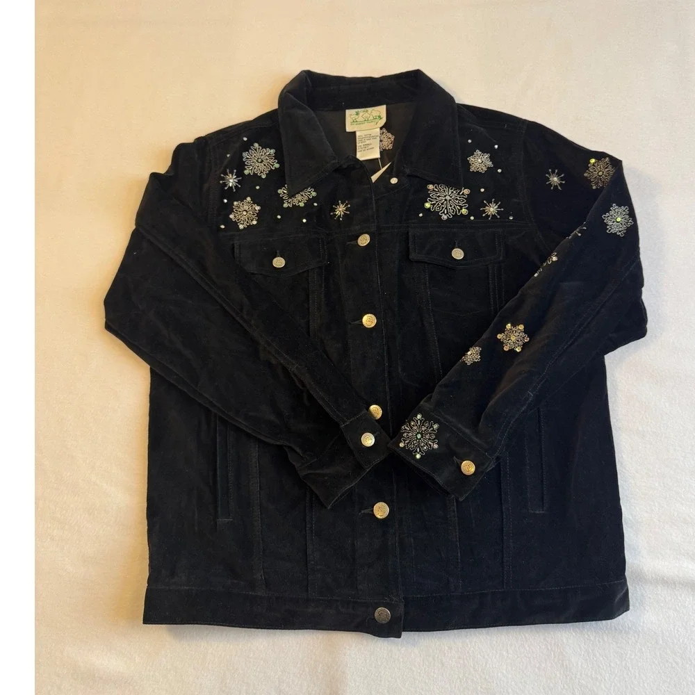 Vintage Deadstock The‎ Quacker Factory Jacket Women Small Black Velvet Snowman